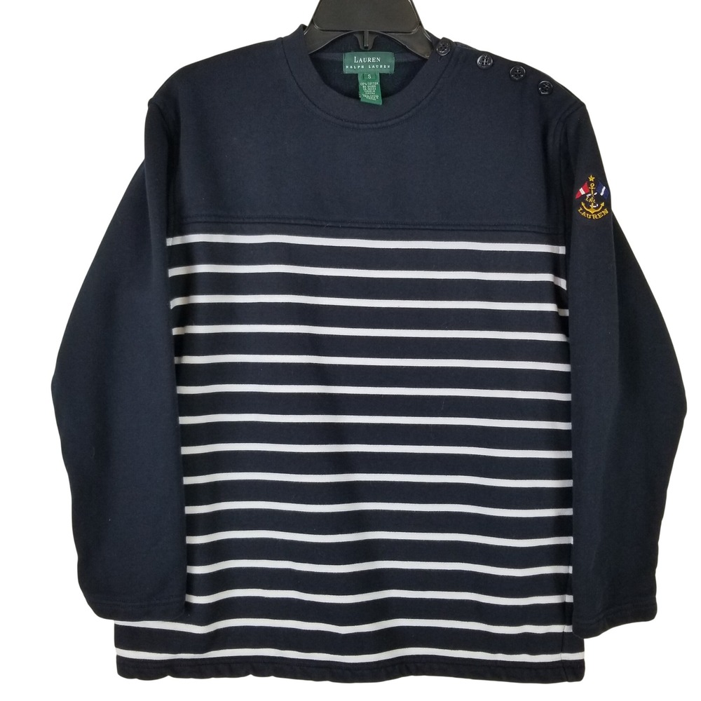 Lauren Ralph Lauren Navy Striped Nautical Button Shoulder Sweatshirt Small